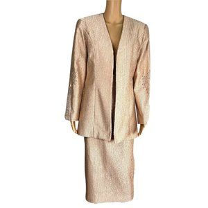 G.M.I 2PC Gold Beaded Polyester Lined Collarless Open Front Skirt Suit